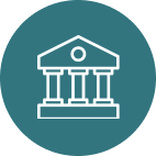 Icon of a white classical building with columns, set against a dark teal circular background. Represents government or financial institutions