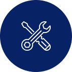 White wrench and screwdriver cross icon on a dark blue circular background, symbolizing tools or settings