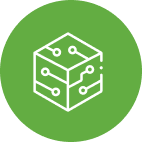 A white cube with circuit lines on a green circle background, symbolizing technology and connectivity, conveys a sense of innovation and modernity