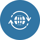 Blue circle with a white globe icon at the center, encircled by two curved arrows. Symbolizes global connectivity and cycle.