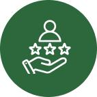 Green circle with a white icon of a hand holding three stars, placed below a person symbol, conveying quality service or customer satisfaction